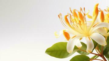 Photo of beautiful Honeysuckle flower isolated on white background. Generative AI