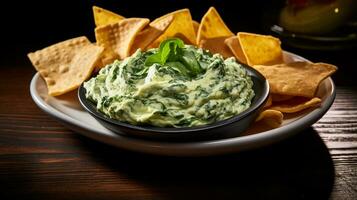 Photo of Spinach and Artichoke Dip as a dish in a high-end restaurant. Generative AI