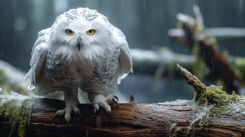 Photo of a Snowy Owl standing on a fallen tree branch at morning. Generative AI