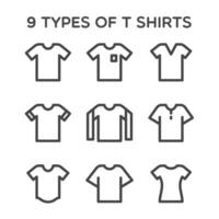 9 Types of T-Shirts Icon Design for Your Fashion Wardrobe. Line icons collection for web apps and mobile concept vector