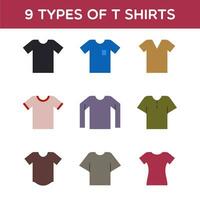 9 Types of T-Shirts Icon Design for Your Fashion Wardrobe. Line icons collection for web apps and mobile concept vector