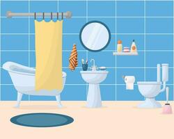 bathroom interior with furniture. Home interior items - a bathtub, a round mirror, a washbasin, a toilet. Vector illustration in a flat style.