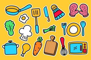 Set of cooking and kitchen vector elements with colorful hand-drawn designs on yellow background