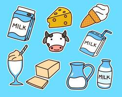 Set of dairy products vector with a cute design on blue background. Dairy products element vectors