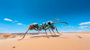 foto de un Sáhara Desierto hormiga en un Desierto con azul cielo. generativo ai