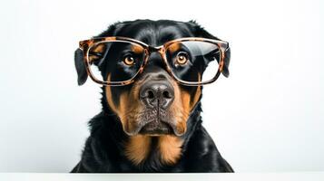 Photo of a Rottweiler dog using eyeglasses isolated on white background. Generative AI