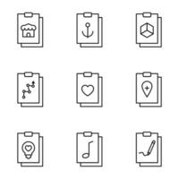 Set of signs for UI, adverts, books drawn in line style. Editable stroke. Icons of house, anchor, cube, progress, heart, geo, location, bulb, note, pencil on clipboard vector