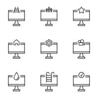 Set of signs for UI, adverts, books drawn in line style. Editable stroke. Icons of railroad, arrow, star, house, gear, camera vector