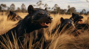 Photo of a herd of Tasmanian Devil resting in an open area on the Savanna. Generative AI