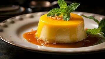 Photo of Coconut Flan as a dish in a high-end restaurant. Generative AI