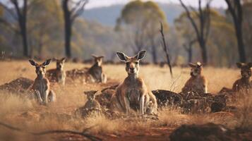 Photo of a herd of Kangaroo resting in an open area on the Savanna. Generative AI