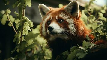 de cerca foto de un rojo panda mirando ninguna dirección en selva. generativo ai