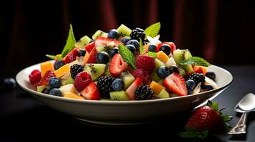 Photo of Fresh Fruit Salad as a dish in a high-end restaurant. Generative AI