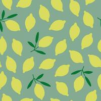 Vector seamless pattern with lemons on olive green background. Juicy fruits pattern.