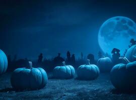 calabazas en cementerio en el escalofriante noche Víspera de Todos los Santos ai generado foto