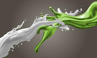 Milk and green tea splashes dynamic flow mixed on yellow background vector