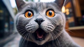 de cerca foto de un gracioso conmocionado Chartreux pega fuera su lengua. generativo ai