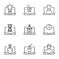 Vector line icon set for web sites, stores, banners, infographic. Signs of chef, soda, hourglass, multicooker, clock, builder, man on laptop