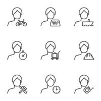 Vector line icon set for web sites, stores, banners, infographic. Signs of bicycle, taxi, ship, baggage, builder, clock, measure tape by faceless male user