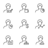 Vector line icon set for web sites, stores, banners, infographic. Signs of business card, wallet, chart, dollar, progress, map by faceless male user