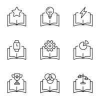 Set of signs for UI, adverts, books drawn in line style. Editable stroke. Icons of star, lamp, lightning, watch, gear, chart, win, intersected circles, scales over book vector