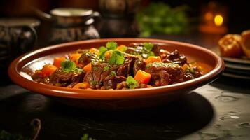 Photo of Lamb Tagine as a dish in a high-end restaurant. Generative AI