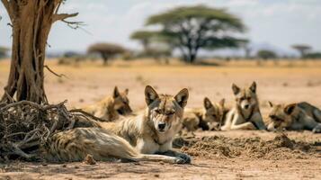 Photo of a herd of Wolf resting in an open area on the Savanna. Generative AI