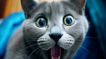 Close-up Photo of a funny shocked Russian Blue sticking out his tongue. Generative AI