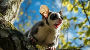 Photo of Sugar Glider in ther forest with blue sky. Generative AI