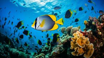 Photo of Angelfish with various fish between healthy coral reefs in the blue ocean. Generative AI