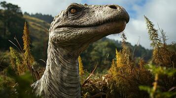 de cerca foto de un brontosaurio mirando en su hábitat. generativo ai