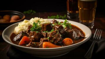 Photo of Beef and Guinness Stew as a dish in a high-end restaurant. Generative AI