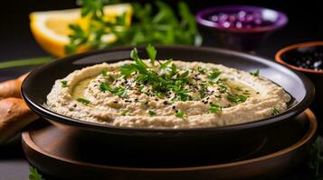 Photo of Baba Ghanoush as a dish in a high-end restaurant. Generative AI