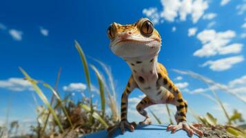 Photo of a Gecko under Blue Sky. Generative AI