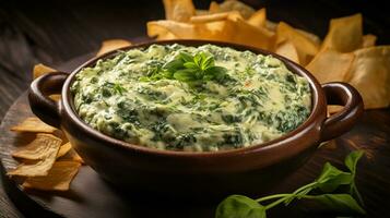 Photo of Spinach and Artichoke Dip as a dish in a high-end restaurant. Generative AI