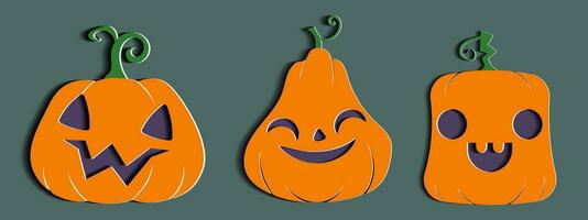 Víspera de Todos los Santos calabaza conjunto con único expresion en papel cortar estilo. vector