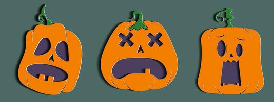 Halloween pumpkin set with unique expresion in paper cut style. vector