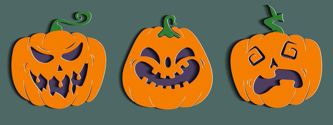Halloween pumpkin set with unique expresion in paper cut style.