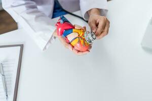 Doctor with anatomical model of human heart Cardiologist supports the heart. heart diagnose medical checkup cardiologist in examination room photo