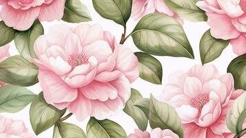 Seamless pattern of Camellia flower in watercolor style isolated on white background. Camellia flower texture background. Generative AI photo