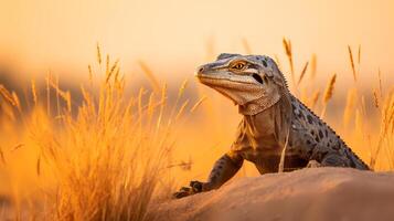 Photo of Nile Monitor on savanna at sunset. Generative AI