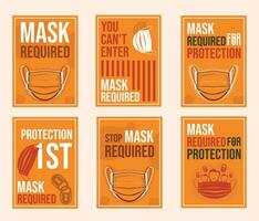 Mask required, Stop mask required, you can't enter, protection first vector banners for protection from covid-19 and coronavirus  with yellow and orange colors