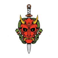 Illustration of hanya mask with samurai sword vector