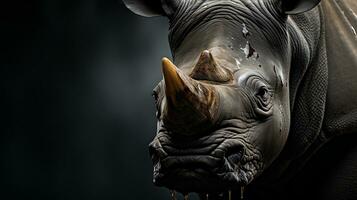 Close-up photo of a Rhinoceros looking any direction on jungle. Generative AI