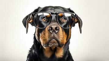 Photo of a Rottweiler dog using eyeglasses isolated on white background. Generative AI