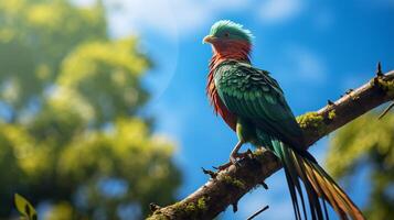 Photo of Quetzal in ther forest with blue sky. Generative AI