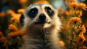 Close-up photo of a Meerkat looking any direction on jungle. Generative AI