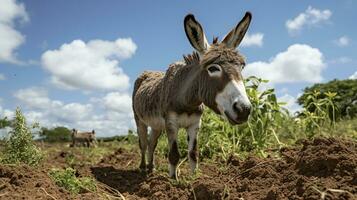 Photo of a Donkey in the Farmland. Generative AI