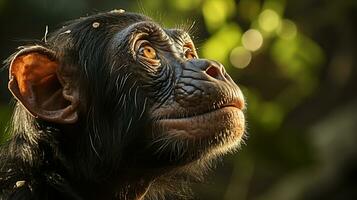 Close-up photo of a Chimpanzee looking any direction on jungle. Generative AI