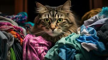 foto de el gato es ocultación en el ropa cesta. generativo ai